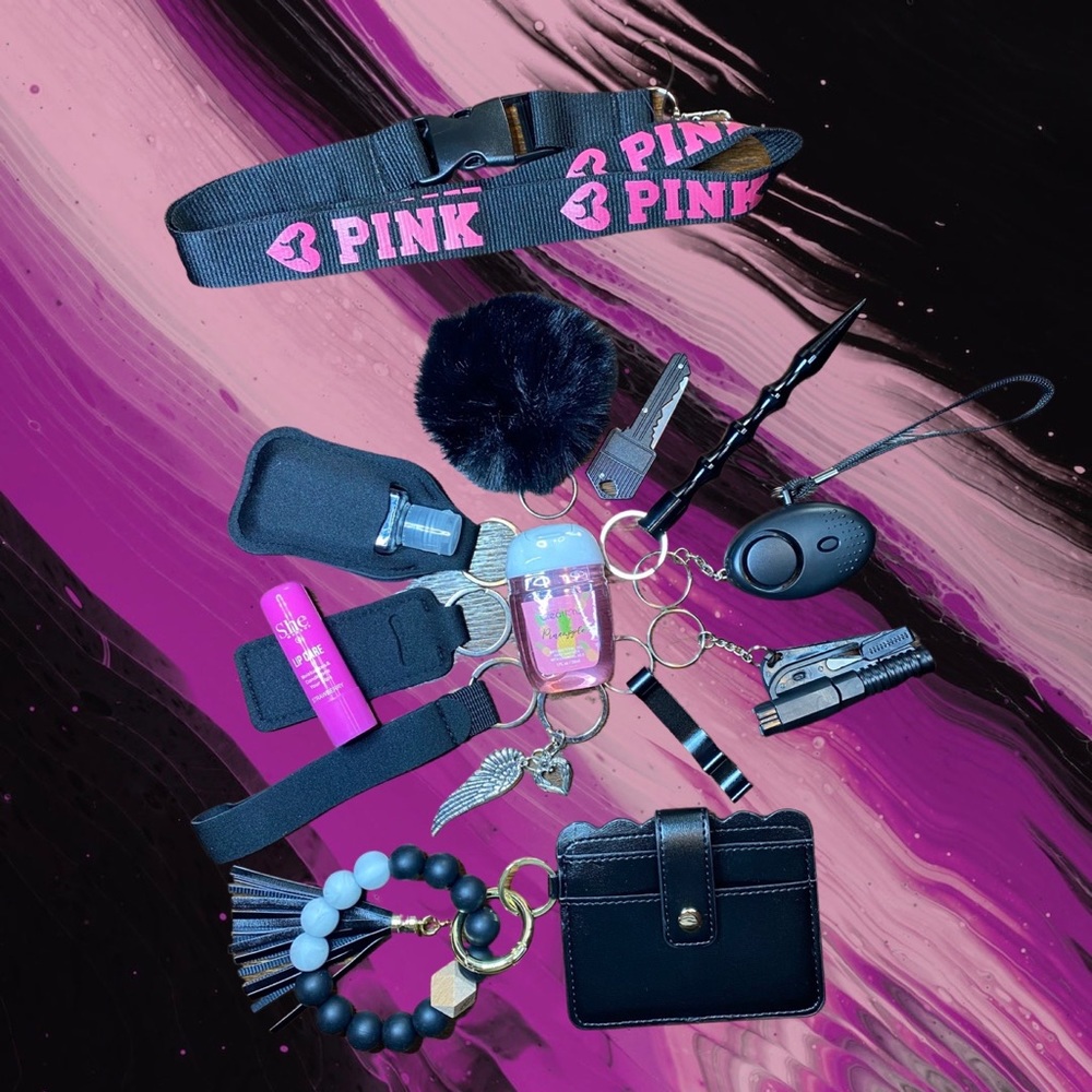 Black Safety Keychain with Black Pink Lanyard & Black ID Wristlet Set